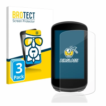 Front side of a product packaging with the brand logo BROTECT. Next to it is the device Garmin Edge 1030 Plus shown with the c