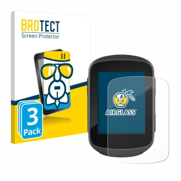 Front side of a product packaging with the brand logo BROTECT. Next to it is the device Garmin Edge 130 Plus shown with the co