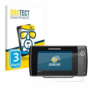 Front side of a product packaging with the brand logo BROTECT. Next to it is the device Humminbird Helix 9 G2N shown with the 