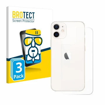 Front side of a product packaging with the brand logo BROTECT. Next to it is the device Apple iPhone 12 mini (Back) shown with
