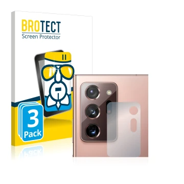 Front side of a product packaging with the brand logo BROTECT. Next to it is the device Samsung Galaxy Note 20 Ultra (ONLY Cam
