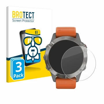 Front side of a product packaging with the brand logo BROTECT. Next to it is the device Garmin Fenix 6 Pro Solar shown with th