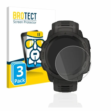 Front side of a product packaging with the brand logo BROTECT. Next to it is the device Garmin Instinct Solar shown with the c