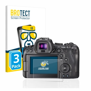 Front side of a product packaging with the brand logo BROTECT. Next to it is the device Canon EOS R6 shown with the correspond