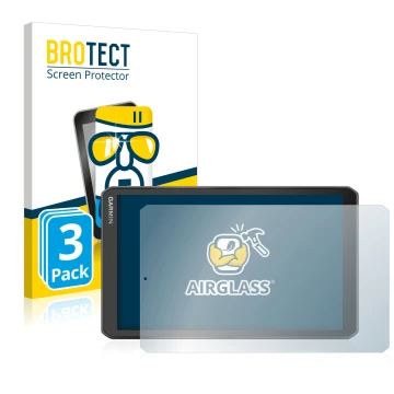 Front side of a product packaging with the brand logo BROTECT. Next to it is the device Garmin Camper 890 shown with the corre