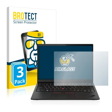 Front side of a product packaging with the brand logo BROTECT. Next to it is the device Lenovo ThinkPad X1 Nano shown with the