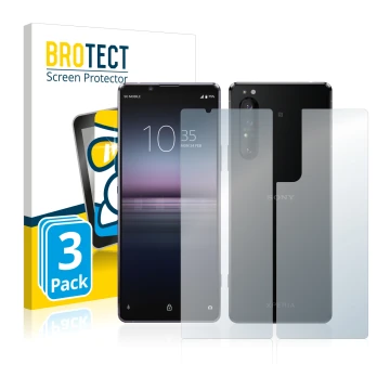 Front side of a product packaging with the brand logo BROTECT. Next to it is the device Sony Xperia 1 II (Front+Back) shown wi