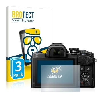 Front side of a product packaging with the brand logo BROTECT. Next to it is the device Olympus OM-D E-M10 Mark IV shown with 