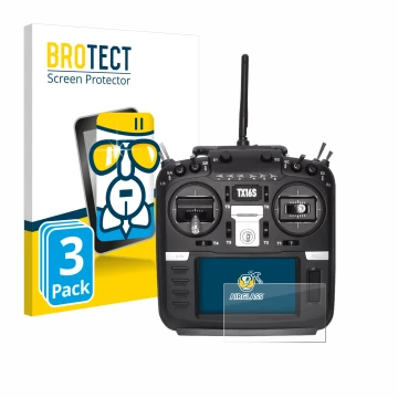 Front side of a product packaging with the brand logo BROTECT. Next to it is the device Radiomaster TX16S shown with the corre