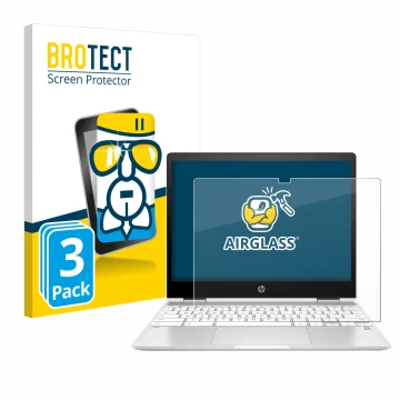 Front side of a product packaging with the brand logo BROTECT. Next to it is the device HP Chromebook x360 12b-ca0005nf shown 
