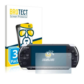 Front side of a product packaging with the brand logo BROTECT. Next to it is the device Sony PSP 3003 shown with the correspon