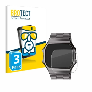 Front side of a product packaging with the brand logo BROTECT. Next to it is the device Casio A168WEGG-1BEF shown with the cor