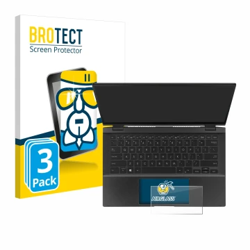 Front side of a product packaging with the brand logo BROTECT. Next to it is the device ASUS ZenBook Flip 14 UX463FA (Touch Tr