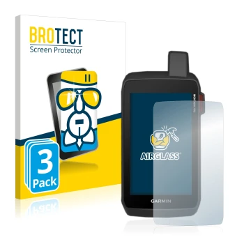 Front side of a product packaging with the brand logo BROTECT. Next to it is the device Garmin Montana 750i shown with the cor