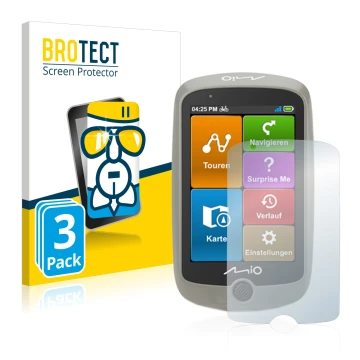 Front side of a product packaging with the brand logo BROTECT. Next to it is the device Mitac Mio Cyclo Discover shown with th