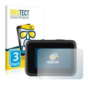 Front side of a product packaging with the brand logo BROTECT. Next to it is the device GoPro Hero 9 Black shown with the corr