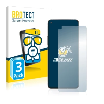 Front side of a product packaging with the brand logo BROTECT. Next to it is the device OnePlus 8T shown with the correspondin