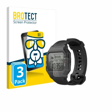Front side of a product packaging with the brand logo BROTECT. Next to it is the device Huami Amazfit Neo shown with the corre