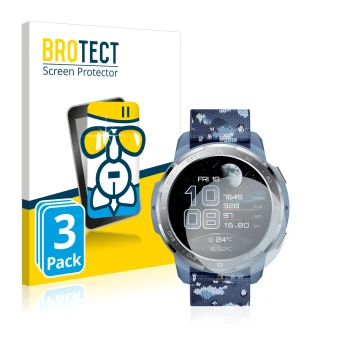 Front side of a product packaging with the brand logo BROTECT. Next to it is the device Honor Watch GS Pro shown with the corr