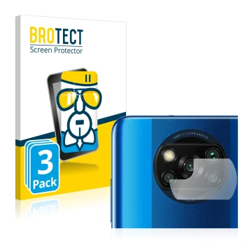 Front side of a product packaging with the brand logo BROTECT. Next to it is the device Xiaomi Poco X3 NFC (ONLY Camera Lens) 