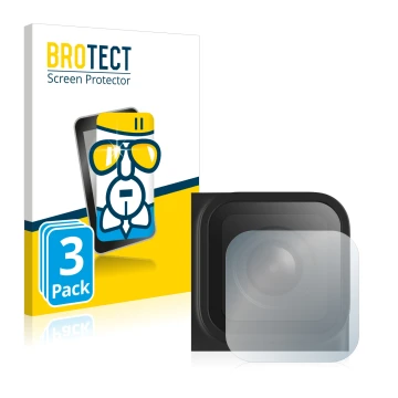 Front side of a product packaging with the brand logo BROTECT. Next to it is the device GoPro Hero 9 Black (Lens) shown with t