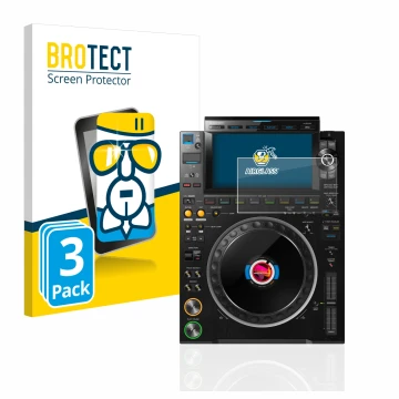 Front side of a product packaging with the brand logo BROTECT. Next to it is the device Pioneer CDJ 3000 shown with the corres