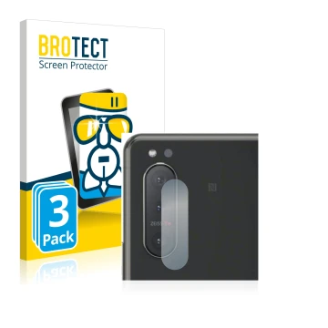 Front side of a product packaging with the brand logo BROTECT. Next to it is the device Sony Xperia 5 II (ONLY Camera Lens) sh