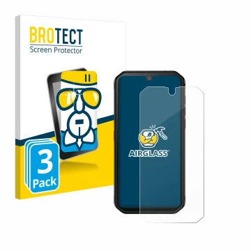 Front side of a product packaging with the brand logo BROTECT. Next to it is the device Blackview BV9900E shown with the corre