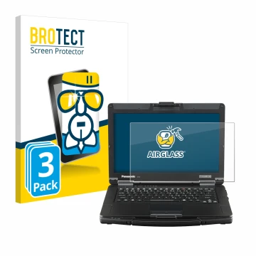 Front side of a product packaging with the brand logo BROTECT. Next to it is the device Panasonic Toughbook FZ-55 Full HD show