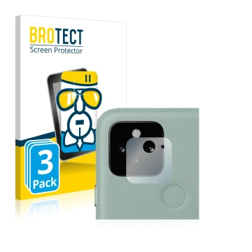 Front side of a product packaging with the brand logo BROTECT. Next to it is the device Google Pixel 5 (ONLY Camera Lens) show