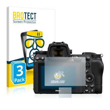 Front side of a product packaging with the brand logo BROTECT. Next to it is the device Nikon Z 7 II shown with the correspond