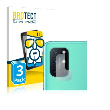 Front side of a product packaging with the brand logo BROTECT. Next to it is the device OnePlus 8T (ONLY Camera Lens) shown wi