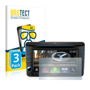 Front side of a product packaging with the brand logo BROTECT. Next to it is the device Kenwood DNX518VDABS shown with the cor