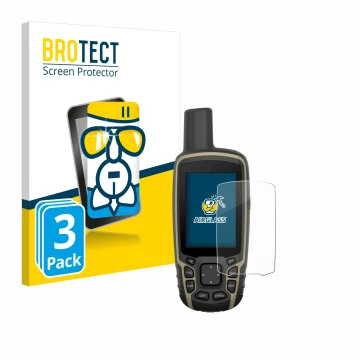 Front side of a product packaging with the brand logo BROTECT. Next to it is the device Garmin GPSMAP 65 shown with the corres