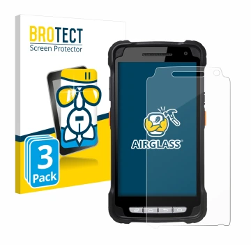 Front side of a product packaging with the brand logo BROTECT. Next to it is the device Point Mobile PM90 shown with the corre