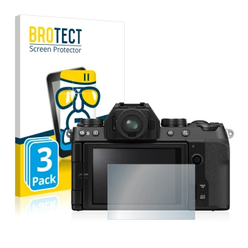 Front side of a product packaging with the brand logo BROTECT. Next to it is the device Fujifilm X-S10 shown with the correspo