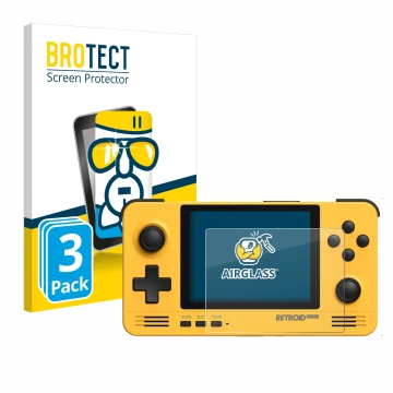 Front side of a product packaging with the brand logo BROTECT. Next to it is the device Retroid Pocket 2 shown with the corres