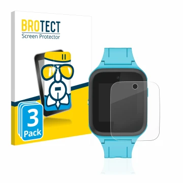Front side of a product packaging with the brand logo BROTECT. Next to it is the device TCL Movetime FamilyWatch Kids MT40X sh