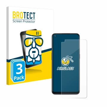 Front side of a product packaging with the brand logo BROTECT. Next to it is the device OnePlus Nord N10 5G shown with the cor