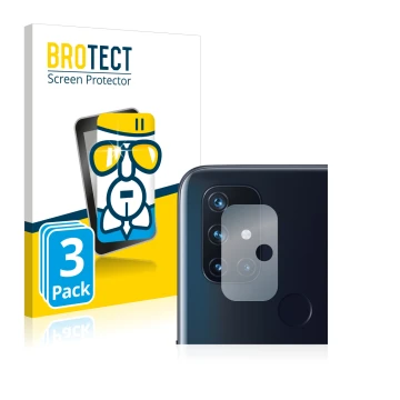 Front side of a product packaging with the brand logo BROTECT. Next to it is the device OnePlus Nord N10 5G (ONLY Camera Lens)