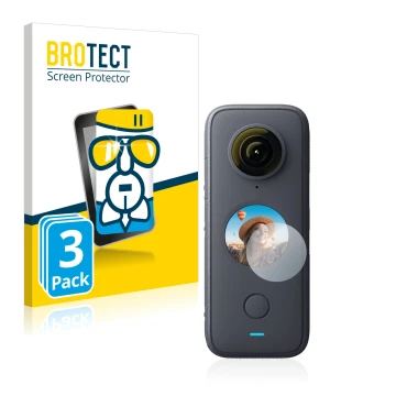 Front side of a product packaging with the brand logo BROTECT. Next to it is the device Insta360 One X2 shown with the corresp