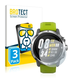 Front side of a product packaging with the brand logo BROTECT. Next to it is the device Coros Apex Pro shown with the correspo