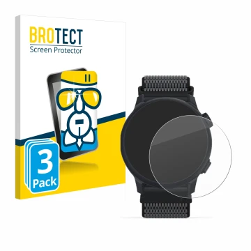 Front side of a product packaging with the brand logo BROTECT. Next to it is the device Coros Pace 2 shown with the correspond