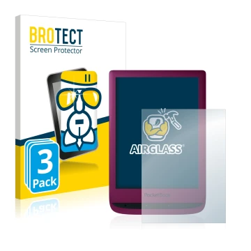 Front side of a product packaging with the brand logo BROTECT. Next to it is the device PocketBook Touch Lux 5 shown with the 