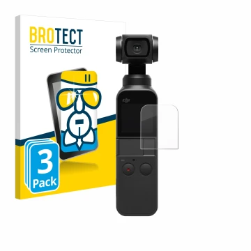 Front side of a product packaging with the brand logo BROTECT. Next to it is the device DJI Osmo Pocket 2 shown with the corre