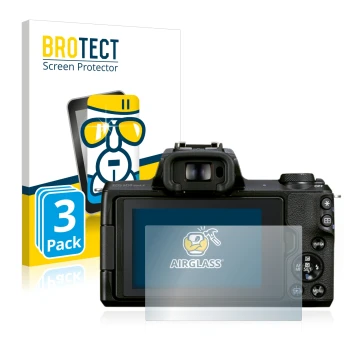 Front side of a product packaging with the brand logo BROTECT. Next to it is the device Canon EOS M50 Mark II shown with the c