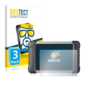 Front side of a product packaging with the brand logo BROTECT. Next to it is the device Autel MaxiCOM MK808 shown with the cor