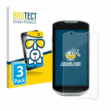 Front side of a product packaging with the brand logo BROTECT. Next to it is the device Zebra TC57x shown with the correspondi