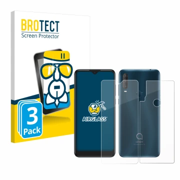 Front side of a product packaging with the brand logo BROTECT. Next to it is the device Alcatel 1S 2020 (Front+Back) shown wit