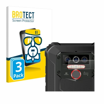 Front side of a product packaging with the brand logo BROTECT. Next to it is the device Oukitel WP5 (ONLY Camera Lens) shown w